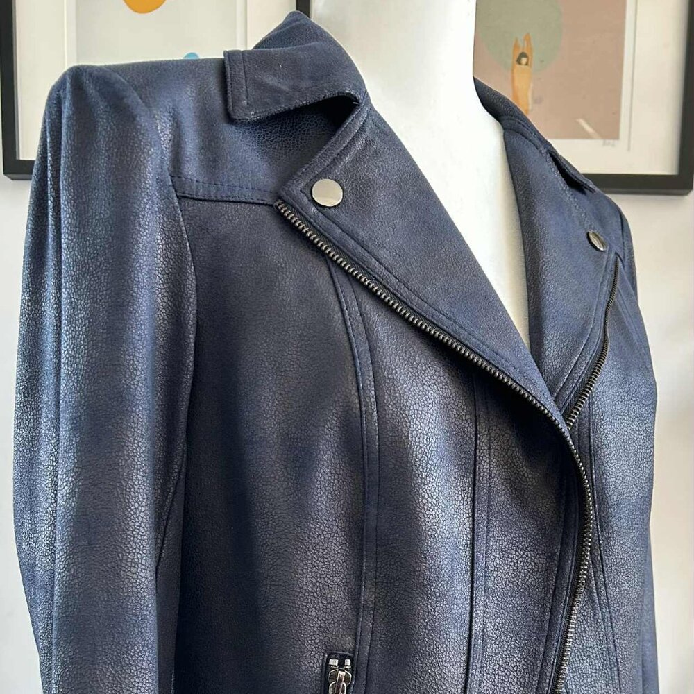 Vex Collection Navy Faux-Leather Moto Jacket with Hook-Eye Closure – EU 38